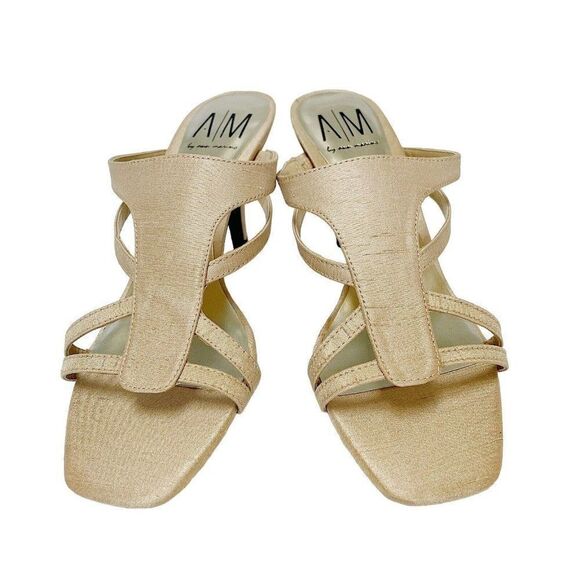 A/M by Ann Marino vintage gold open toe slip on cut out square toe heeled sandal - Picture 2 of 8